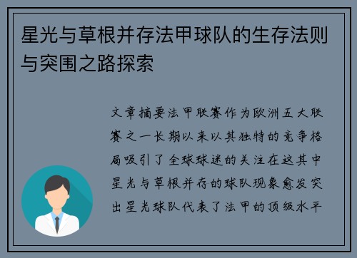 星光与草根并存法甲球队的生存法则与突围之路探索