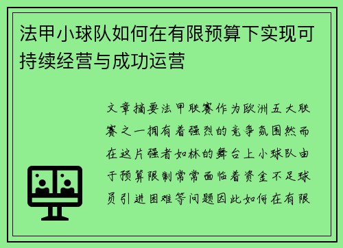 法甲小球队如何在有限预算下实现可持续经营与成功运营