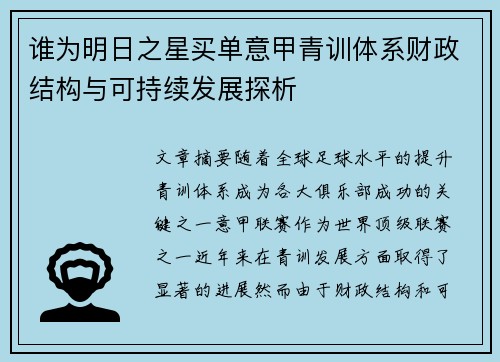 谁为明日之星买单意甲青训体系财政结构与可持续发展探析