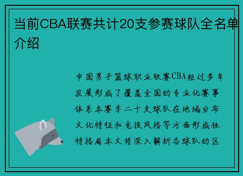当前CBA联赛共计20支参赛球队全名单介绍